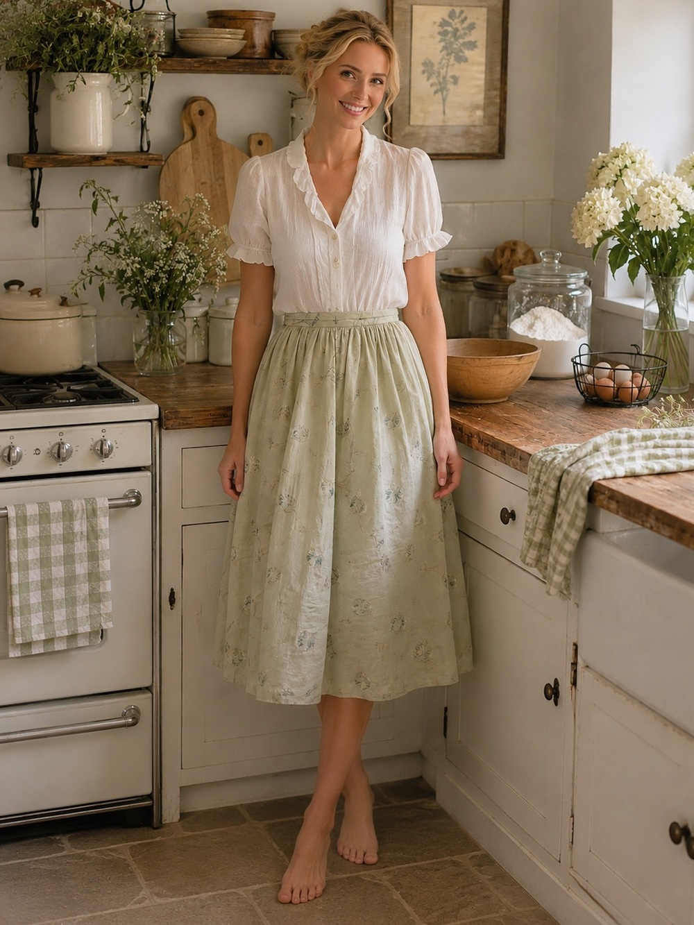 Vintage Le Sooik 100% Silk Sage Green Feather Print Midi Skirt Cottagecore XS